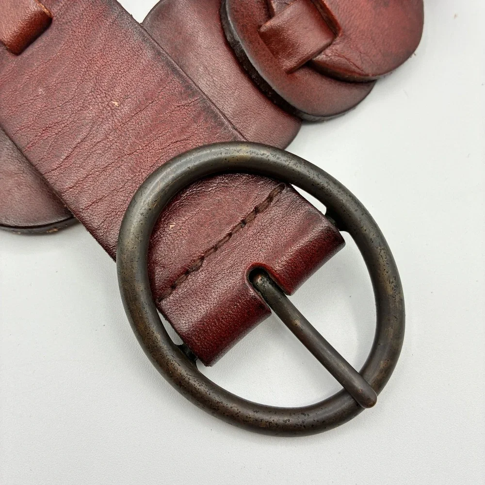Fossil Brown Leather Belt Womens S Linked Disc Antique Brass Boho Festival